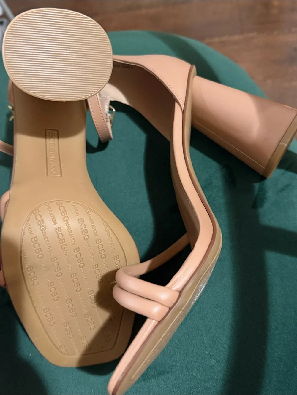 BCBGeneration Beige Strappy Block Heel Sandals